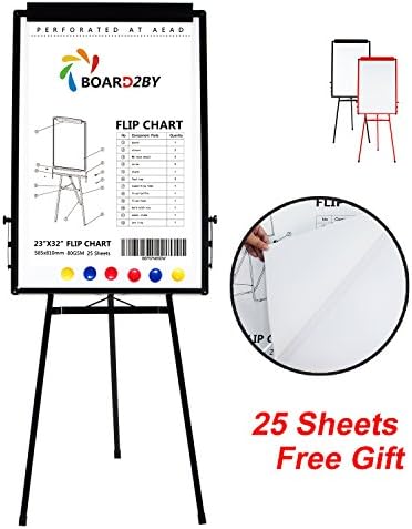Board2by Tripod Whiteboard Stand/ Flipchart Easel - 24" x 36" Portable Aluminum Frame Magnetic White Dry Erase Board, 25-Sheet Easel Papers and 6 Magnets for Free, Black