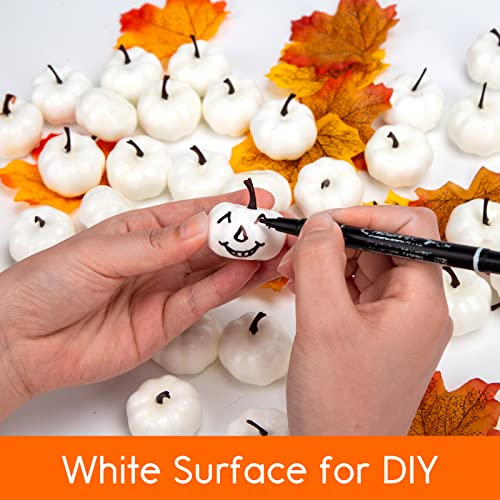 HAKACC Artificial Pumpkins, 48 PCS White Fake Pumpkins Lifelike Faux Pumpkins Mini Pumpkins with Maple Leaves for DIY Crafts Halloween Thanksgiving Fillers