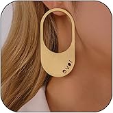 Large Gold Hoop Earrings, 14k Plating Chunky Oval Asymmetrical Character Love Hollow Brushed Metal Sheet Drop Dangle Huggie Studs Womens Statement Jewelry Gift