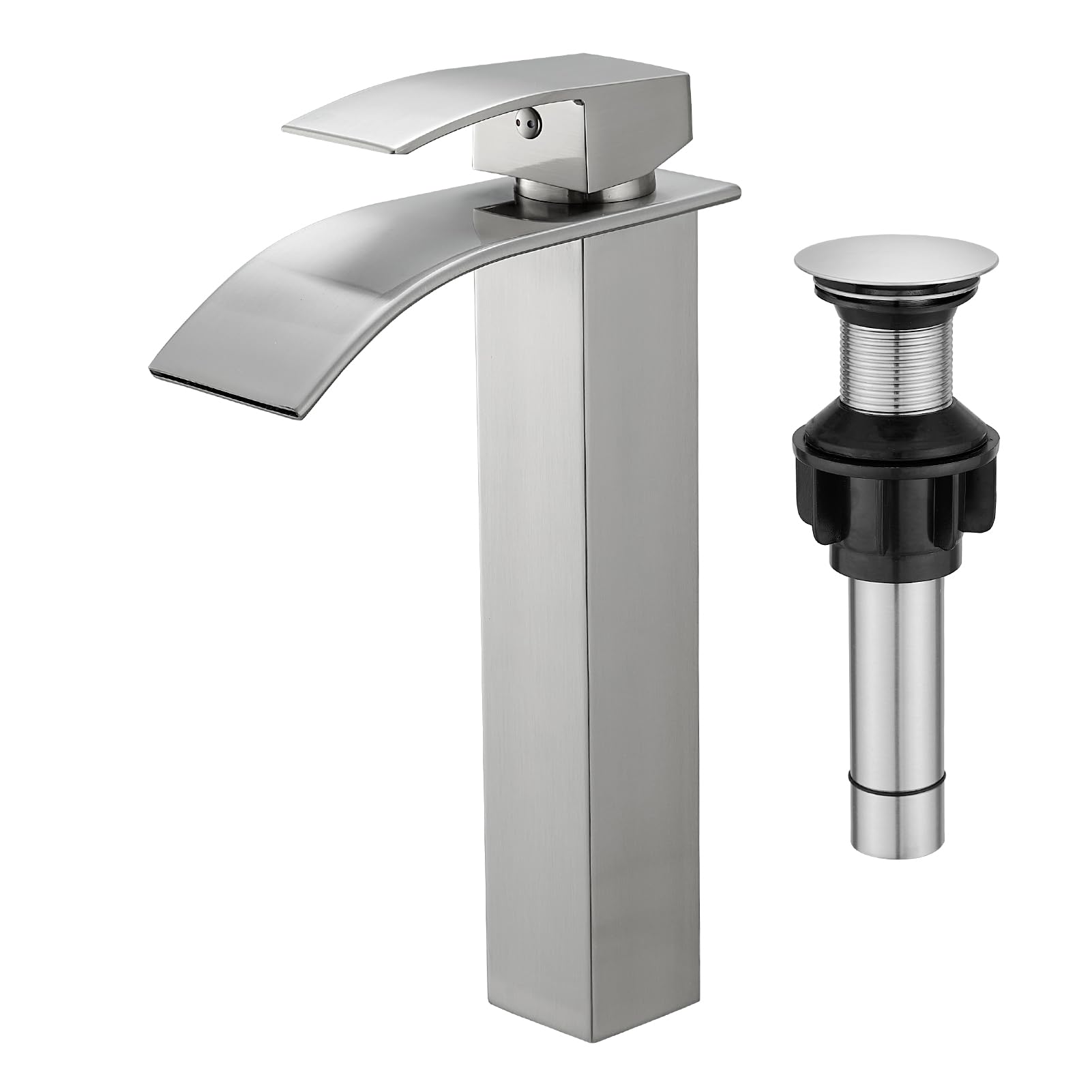 Photo 1 of GENBONS Vessel Sink Faucet Brushed Nickel Bathroom Faucets Tall Waterfall Bathroom Bowl Sink Faucet Rv Lavatory Faucet with Supply Hose and Pop Up Drain