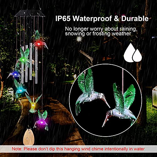 Hummingbird Solar Wind Chimes for Outside, LiveGo 32 Inch Large Waterproof Hanging Memorial Windchimes with LED Color Changing Light for Mother Grandma Home Garden Decor, Silver