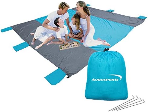 Outdoor Sand Free Beach / Picnic Blanket, Portable Quick Drying Ripstop Nylon Blankets- 9’ x 7.2’ For 6 Adults-Best Mat For Travel Hiking with 6 Weighable Pockets and 4 Anchor Loops &amp; Stakes