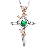 RIVIKO Rose Flower Cross Necklace for Women,925 Sterling Silver Birthstone Necklaces Heart Pendant,Cross Jewelry Anniversary Birthday Gifts for Women Wife Mom Lady