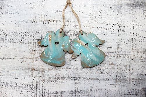 Set of 2 aqua blue angel ornaments wooden heart ornament Christmas ornament Christmas decoration boho rustic cottage chic shabby chic Mother's Day Father's Day gift baptism 290317-7