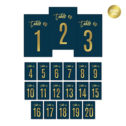 Andaz Press Navy Blue with Gold Metallic Ink Wedding Party Collection, Table Numbers 1 - 20 on Perforated Paper, Single-Sided, 4 x 6-inch, 1 Set