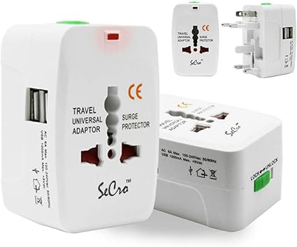 SeCro Plastic Film Universal Travel Adapter with Built in Dual USB Charger Ports with 125V 6A,