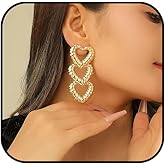 Chunky Heart Earrings for Women Large Gold Statement Stud Earrings Chunky Silver Heart Drop Earrings Bamboo Hollow Heart Dangle Earrings Big Fashion Heart Jewelry