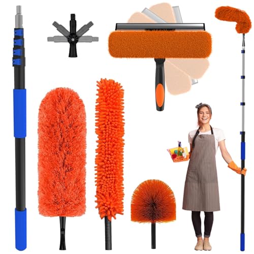 SKGPOLE 26 Foot High Reach Duster Kit with 5-19 ft Telescoping Extension Pole, High Ceiling Duster, Cobweb Duster, Window Squeegee, Feather Duster, Outdoor & Indoor Extendable Duster Cleaning Kit