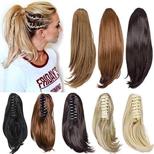 Long Straight Natural Extensions Ponytail with Braids Claw on Wrap Around Silky Soft Synthetic Hair Pieces for Women Dark Brown