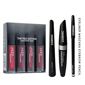 Cosmac Professional Combo Waterproof Liquid Mascara, Eyeliner, Eyebrow Pencil With The Red Edition Liquid Lipstick For Protective Stay All Day - Set Of 4