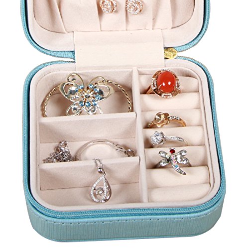 PUSU Small Portable PU Leather Jewelry Box Display Organizer Travel Storage Case for Rings Earrings Necklace (Blue)