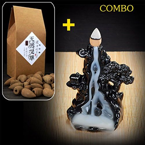 Yatao Black Ceramics Backflow Incense Burner Mountain Water & 10pcs Sandalwood Cones (Burner+100pcs cones)