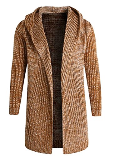 LD Men Long Sleeve Hooded Outdoor Knitted Open Front Long Sweater Cardigan Khaki XL