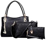 Deluxe Women 3 Piece Tote Bag Pu Leather Handbag Purse Bags Set (Black)