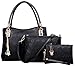 Deluxe Women 3 Piece Tote Bag Pu Leather Handbag Purse Bags Set (Black4)
