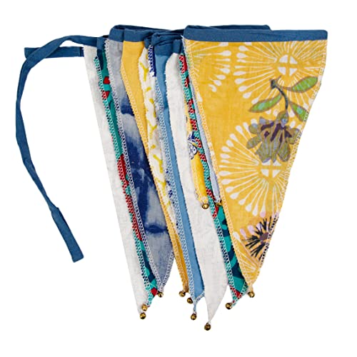 Yellow and Blue Fabric Bunting - 3m | Triangle Flag Pennant Garland, Eco-Friendly Upcyled 100% Organic Cotton, Floral Party Decorations, Kids Bedroom, Home Decor