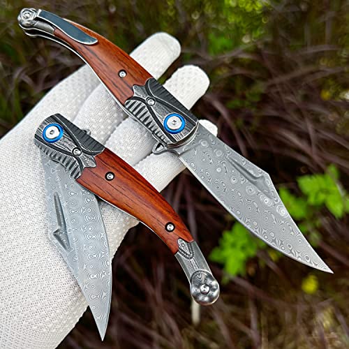MINOWE Folding pocket Knife 3.9" Damascus Steel Blade with metal pocket
