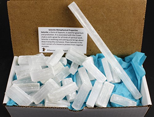 Selenite Sticks Bulk (35-40 pcs) 1.5-2"inch L X .25-.5" W Each, Bonus: (1) 8 inch Selenite Wand & Educational ID Card, Reiki, Chakra, Healing, Protection, Good Luck, Positive Energy