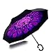 Double Layer Wind Proof,UV Proof Reverse Folding Inverted Umbrella Travel Umbrella with C Shape Handle and Carrying Bag-Purple Flower