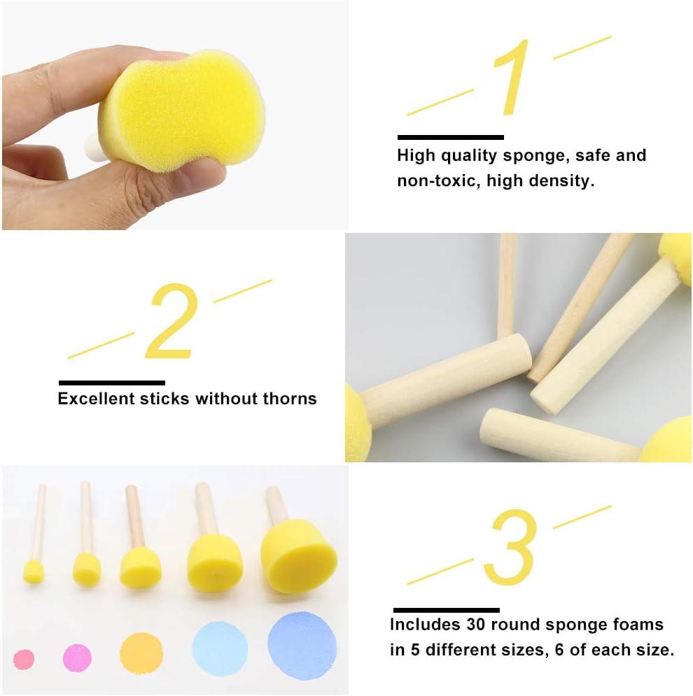 EMAGEREN 30 Pcs Sponge Paint Brush 5 Sizes Round Foam Sponge Painting Brushes Set Stencil Brush Sponge Paint Stencil Tool with Wooden Handle for Kids Arts and Crafts DIY Painting Tools - Image 4