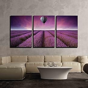 3 Piece Canvas Wall Art - Beautiful Image of Lavender Field Summer Sunset Landscape with Hot Air Balloon - Modern Home Art Stretched and Framed Ready to Hang - 16"x24"x3 Panels