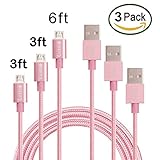 Micro USB Cable, Gkeeny Cords 3 Pack (3FT 3FT 6FT) Nylon Braided USB 2.0 High Speed USB to Micro USB Charging Cables for Android, Samsung, LG, HTC, Motorola, Nokia, and More (Pink)