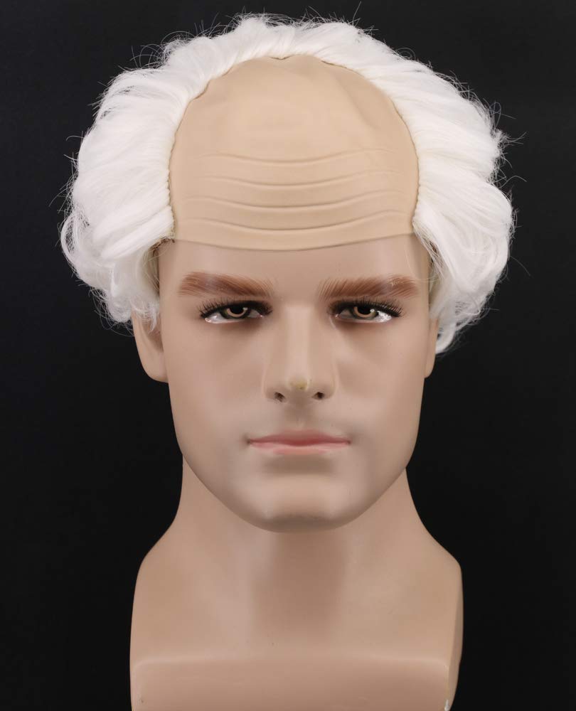 Yuehong Short Curly White Old Men Wig Fluffy Bald Head Receding Hairline Costume Cosplay Wig with Heat Resistant Synthetic Fibers (White)
