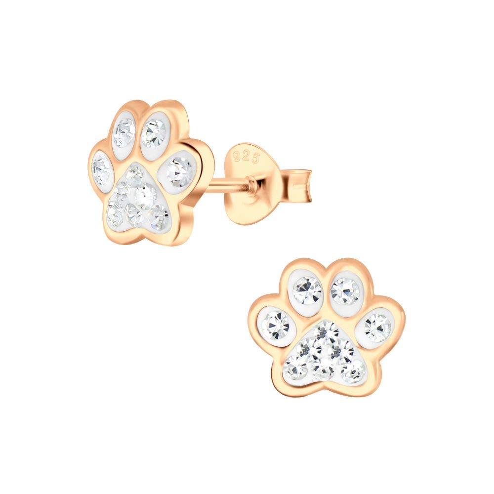 Dog Cat Paw Print Earrings with Clear Crystal Stones - Rose Gold Plated 925 Sterling Silver