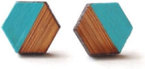 Teal Hexagon Earring - Geometric Wooden Earrings - Teal Earring Studs - Modern Earrings - Minimalist