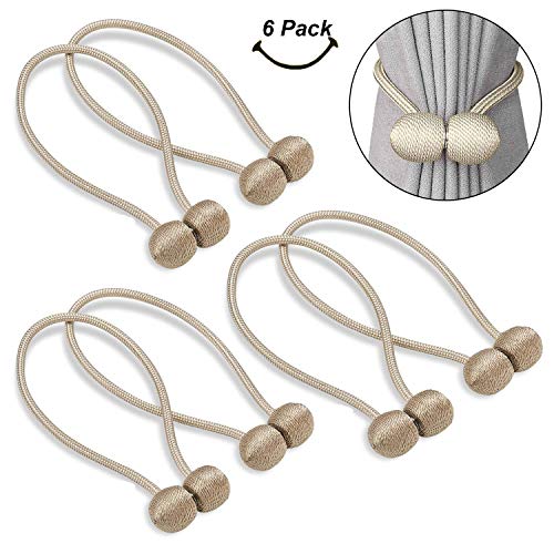 SmallDot Magnetic Curtain Tiebacks, [Pack of 6] Drapery Hooks Holdbacks Holders with Strong Magnet for Window Sheer Blackout Panels, 16 Inch, Beige