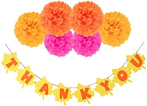 Mother's Day Bunting Banner Hanging Decorations Photo Props with Set Of 6 Harvest Colors Tissue Pom Pom Decoration Balls(Thank You)