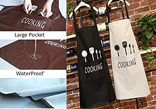 Kitchen Bib Apron - 2 Pack - Waterproof and Oil Proof - Great for Men Women Adult - Chef Favorite with Pocket (Black and Beige (2 Pack))