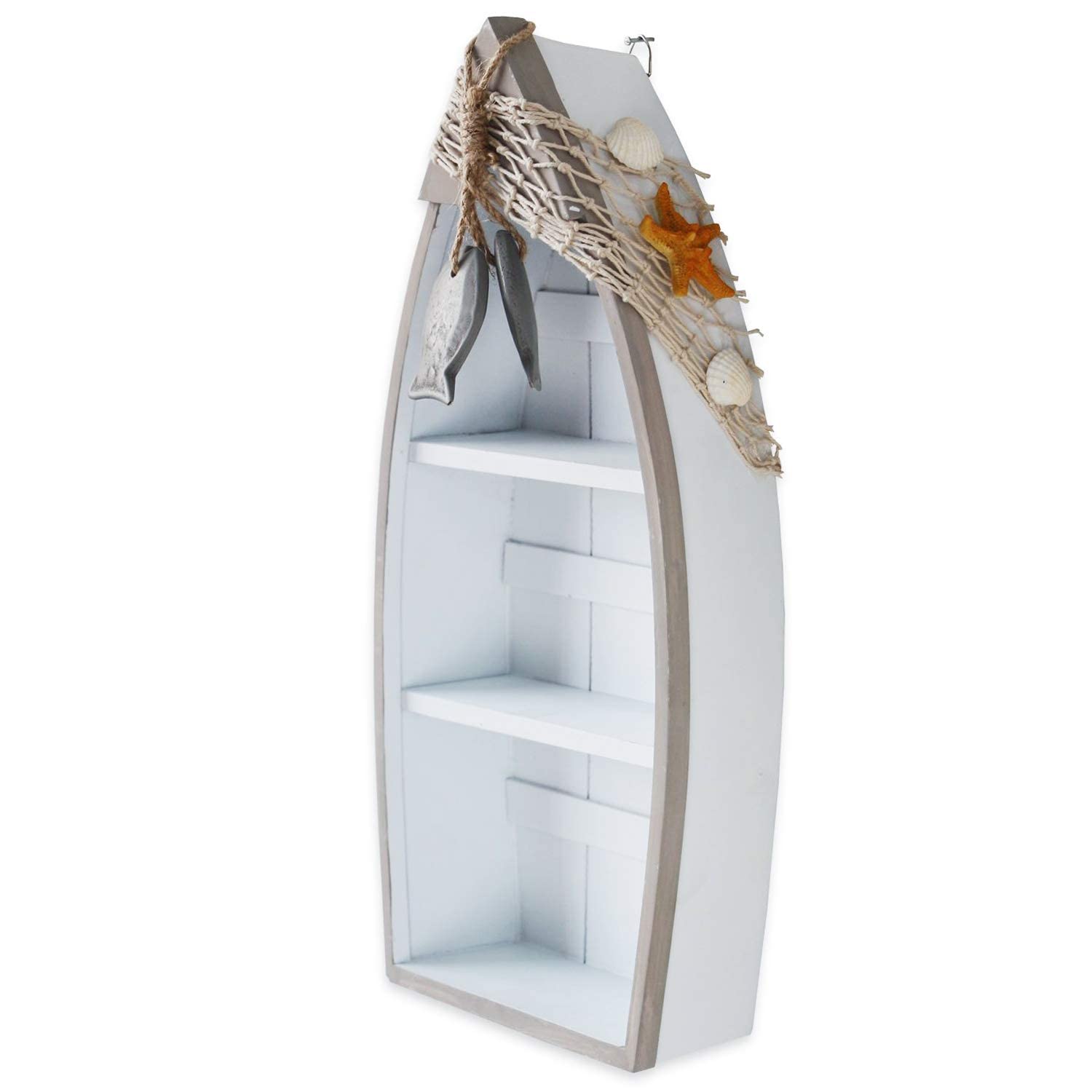 Photo 1 of Morning View 2-Shelf Wood Boat Shelf, Nautical Decor with Fishing Net, Starfish, Seashells - Wall Mount or Tabletop Display - Beach Themed Home Decor, White, 6.7x3x16.5 Inch
