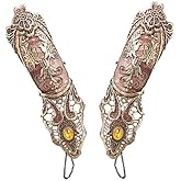 Juland Lace Fingerless Gloves Women Gothic Floral Lace Steampunk Wristband Ring Vintage Beaded Handmade Lace Up Gloves Bridal Bracelet Ring Set - 1 Pair –Bronzing S Size