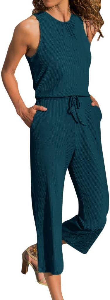 baskuwish Women Casual Loose Sleeveless Belted Wide Leg Pant Romper Jumpsuits S-XL
