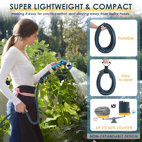 FLOERXIS Non-Expandable Garden Hose 100 FT, Lightweight Hose with 10 Function Spray Nozzle, Kink-Free Flexible Water Hose, Durable, Leak-Proof, 360° Swivel Connectors, Portable Storage Strap
