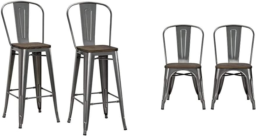 DHP Luxor Metal Counter Stool with Wood Seat and Backrest, Set of two, 30"; Antique Gun Metal & Fusion Metal Dining Chair with Wood Seat, Distressed Metal Finish for Industrial Appeal, Set of two