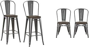 DHP Luxor Metal Counter Stool with Wood Seat and Backrest, Set of two, 30"; Antique Gun Metal & Fusion Metal Dining Chair with Wood Seat, Distressed Metal Finish for Industrial Appeal, Set of two