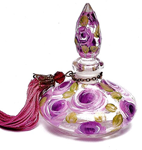 Small Glass Genie Refillable Empty Perfume Bottle with Stopper and Hand Painted Lavender Roses