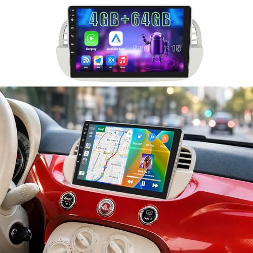 Fuluku 4+64G Android Car Radio for Fiat 500 2007-2015 with Wireless Carplay & Android Car, 9 Inch IPS Touch Screen Radio with Bluetooth 5.0/GPS/Rear Camera/FM/WiFi/SWC (Beige)