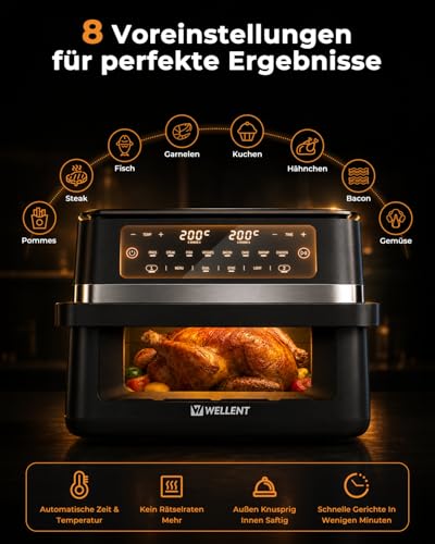 WELLENT Dual Zone Hot Air Fryer 12L 2950W with Removable Divider, 8-in-1 Air Fryer with Sync & Shake Reminder Function & Viewing Window Design