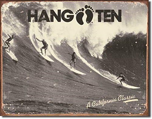 HANG TEN BEACH SURFER SURFING LONGBOARD SURFBOARD FIN METAL 12.5" X 16" SIGN