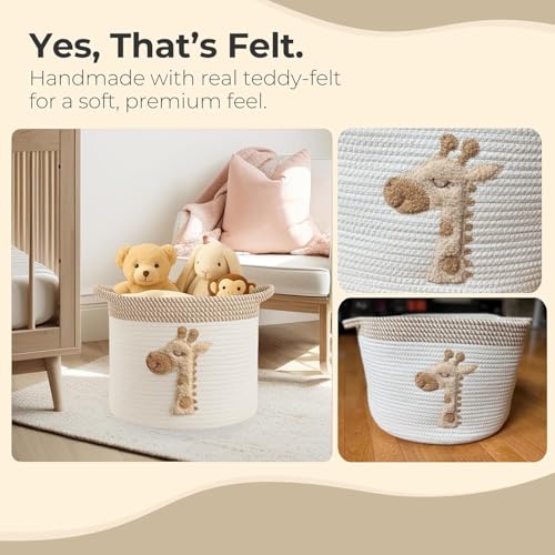 Storage Basket for Nursery， Cotton Rope Bin with Soft Felt Animal Patch Toy Organizer, Baby Laundry Hamper, Diaper & Towel Holder Foldable, Washable Baby Safe（ Giraffes ）