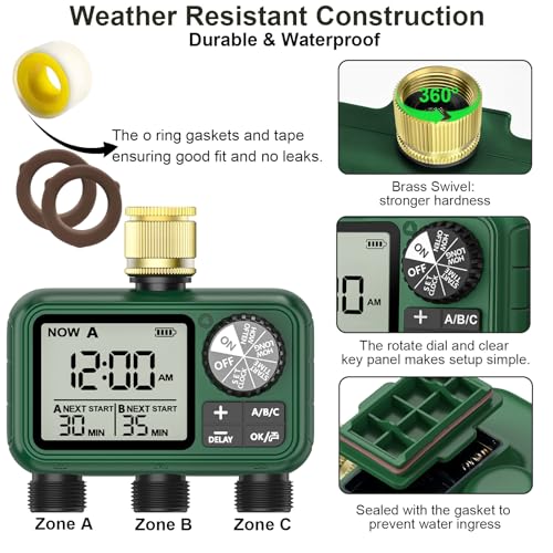 Water Timer 3 Outlets with Brass Inlet, Programmable Sprinkler Hose Waterproof Timer, Automatic prinkler Timers with Rain Delay/Manual Watering/large LCD display for Irrigation Lawn Yard
