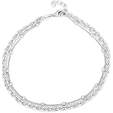 Vanbelle Sterling Silver Jewelry - Rhodium Plated 925 Stamp - Double Layered Beaded Chain Anklet - Foot Jewelry Stylish Beautifully Designed - 9" Long + 1" Extender