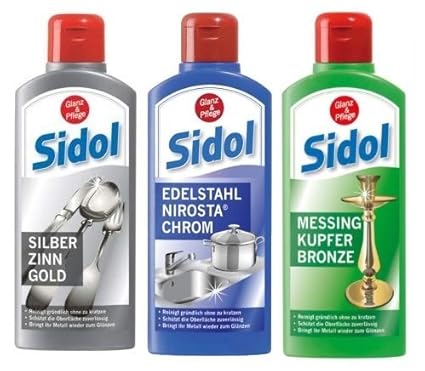 SIDOL SET 3 x je 250ml 1 x Messing Kupfer Bronze 1 x Silber Zinn Gold 1 x Edelstahl Chrom Niro *****Polieren Sie zuverlässig alle Metalle!*****