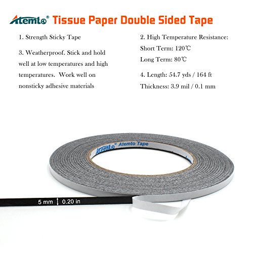 Double Sided Tape 3.9 mil X 13.5/64 inch X 54 yd, Atemto Foam Tape Ultra Thin Strength Tape Waterproof Dustproof Weatherproof Outdoor Cellphone LCD Screen Display Repair Mounting Tape (5mm)