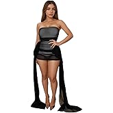 OCUH Sexy Mini Dress Off Shoulder Red Birthday Dress Sheer Mesh Strapless Bodycon Ruffled Cocktail Party Night Dresses