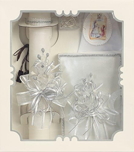 DaisyandLeo Girl's Organza Silver Trim Communion Candle Set (Gold)