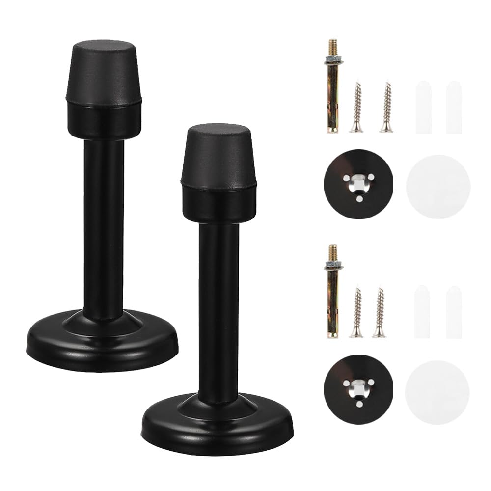 2 Pack Door Stoppers, Black Stainless Steel Wall Protector Home Door Stops with Rubber Buffer Bumper for Sound Dampening